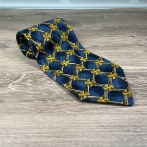 Robert Talbott Studio Tie Blue Gold Geometric Pattern‎ Hand Sewn Imported Silk